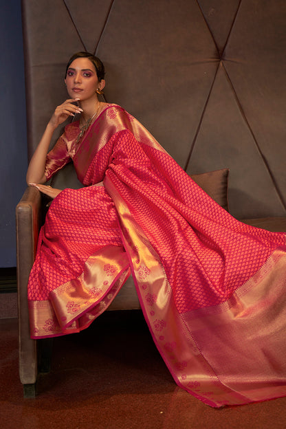 Ruby Red Soft Handloom Silk Saree With Weaving Work