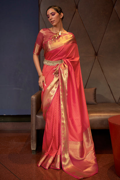 Ruby Red Soft Handloom Silk Saree With Weaving Work