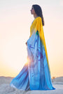 Yellow & Sky Blue Pure Satin Silk Saree With Digital Printed Blouse