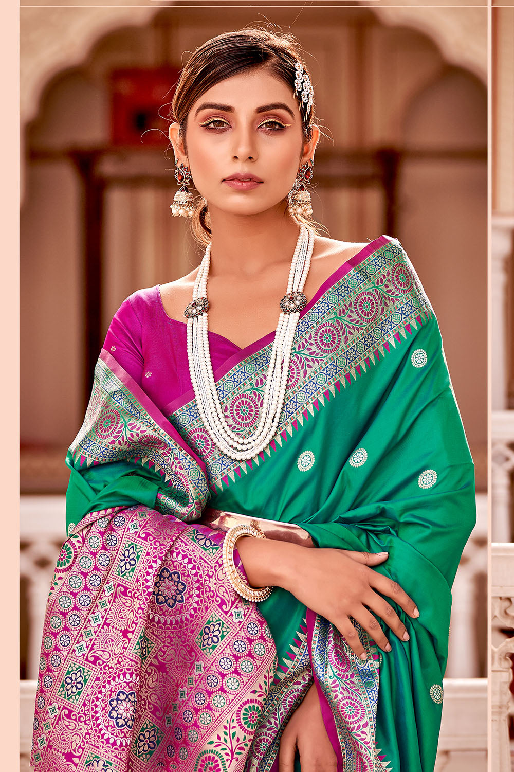 Green Banarasi Silk Saree With Zari Weaving Work