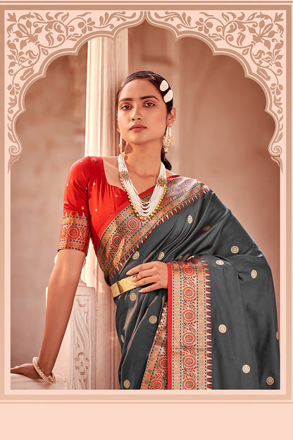 Dark Gray Banarasi Silk Saree With Zari Weaving Work