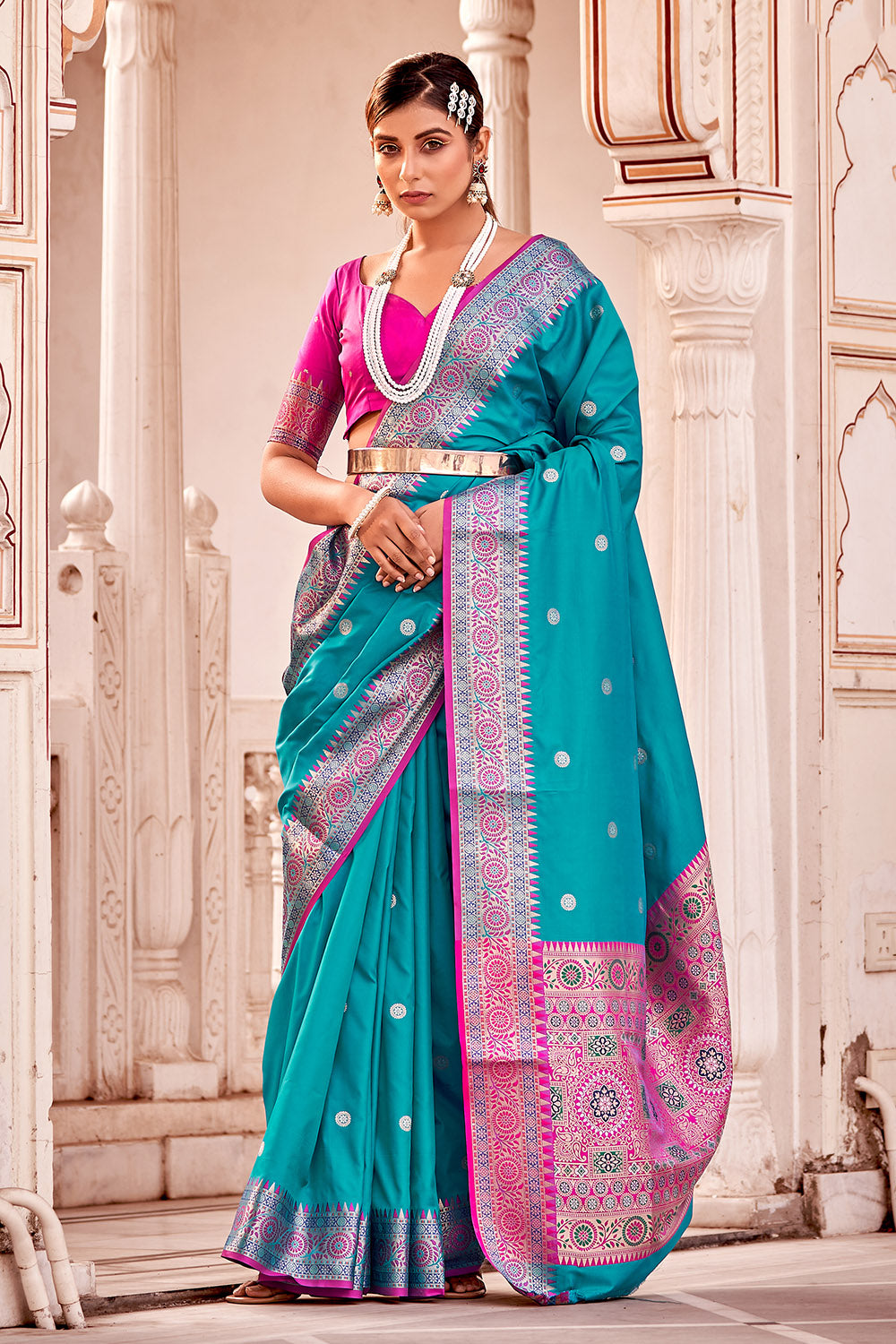 Cyan Blue Banarasi Silk Saree With Zari Weaving Work
