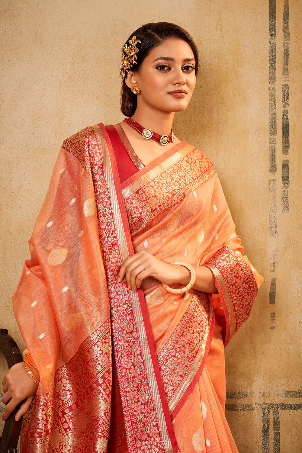 Orange Tissue Saree With Zari Weaving Work