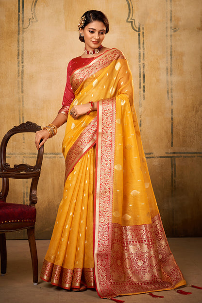 Yellow Tissue Silk Saree With Zari Weaving Work