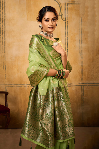 Green Tissue Silk Saree With Zari Weaving Work