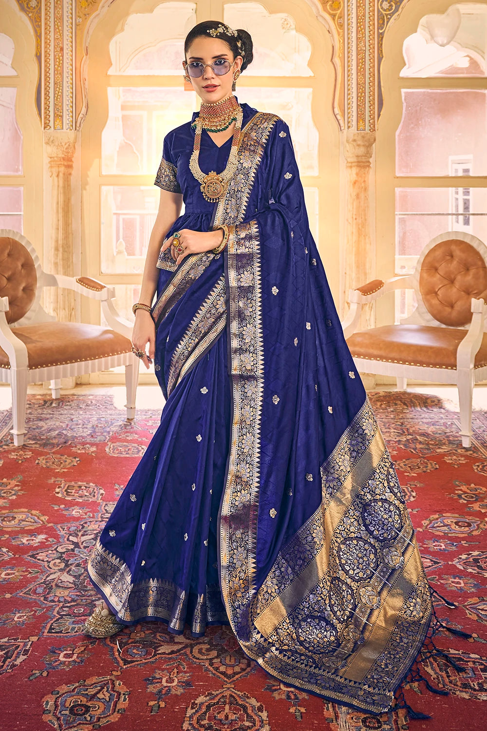 Navy Blue Banarasi Soft Silk Saree With Zari Weaving Work