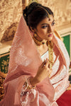 RoseGold White Soft Handloom Weaving Silk in Copper Zari