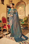 Cyan Green Soft Handloom Weaving Silk in Copper Zari