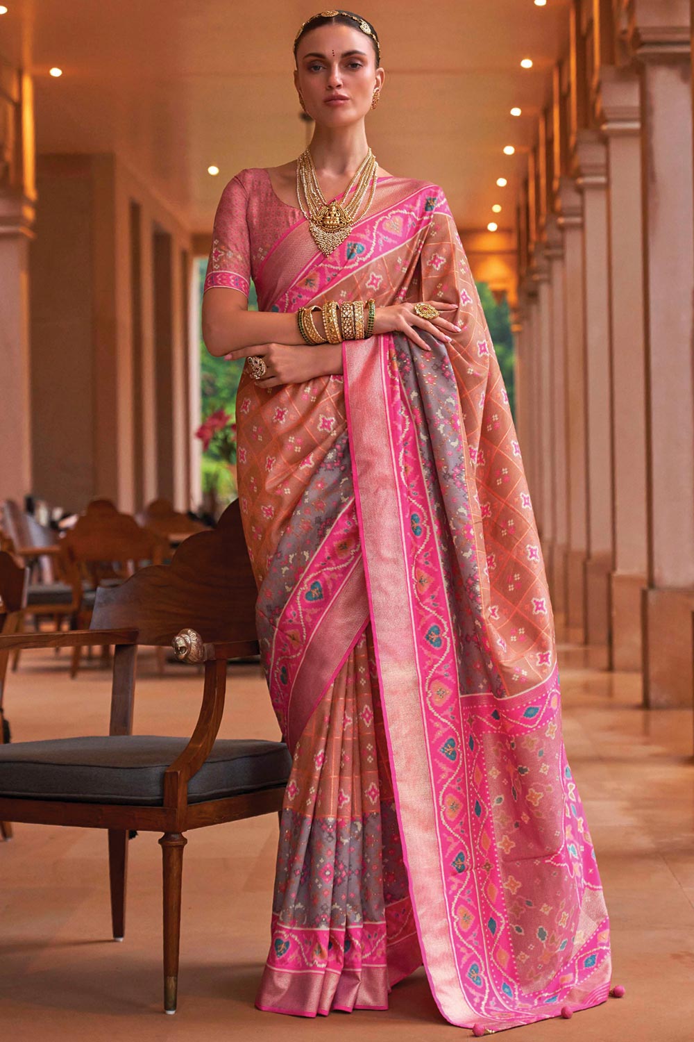 Pink Smoothy Printed Patola Silk with Designer Border
