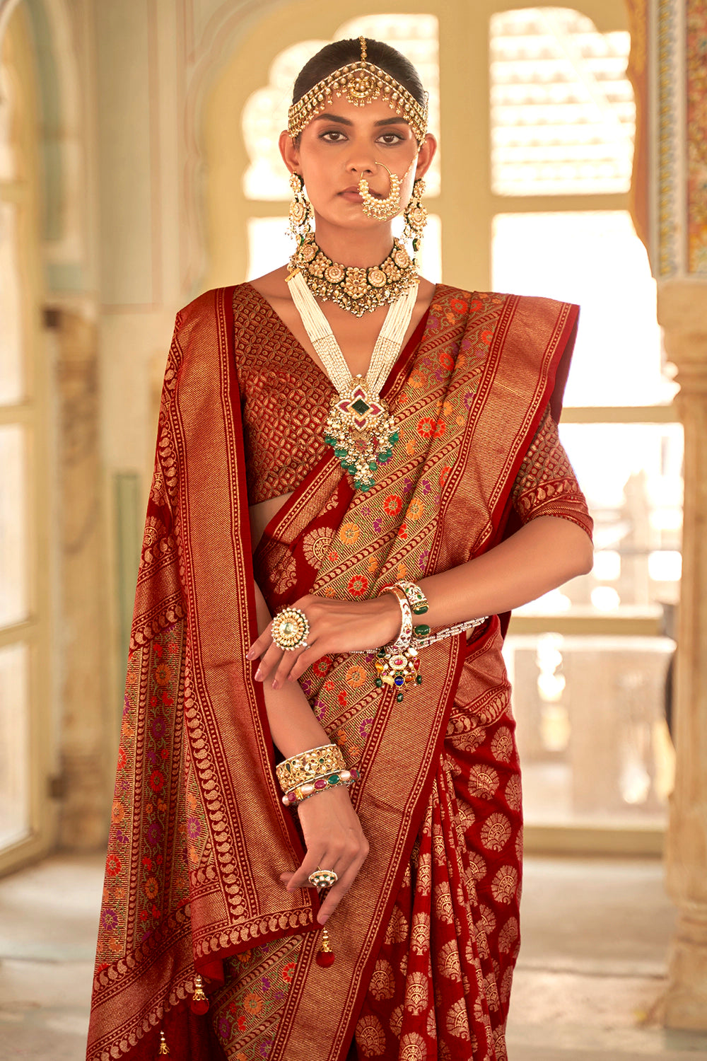 Scarlet Red Banarasi Silk Saree With Zari Weaving Work