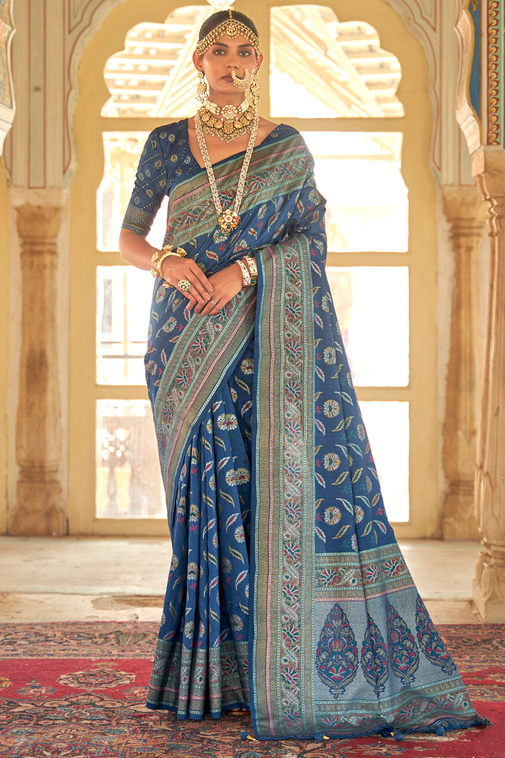 Steel Blue Banarasi Silk Saree With Zari Weaving Work