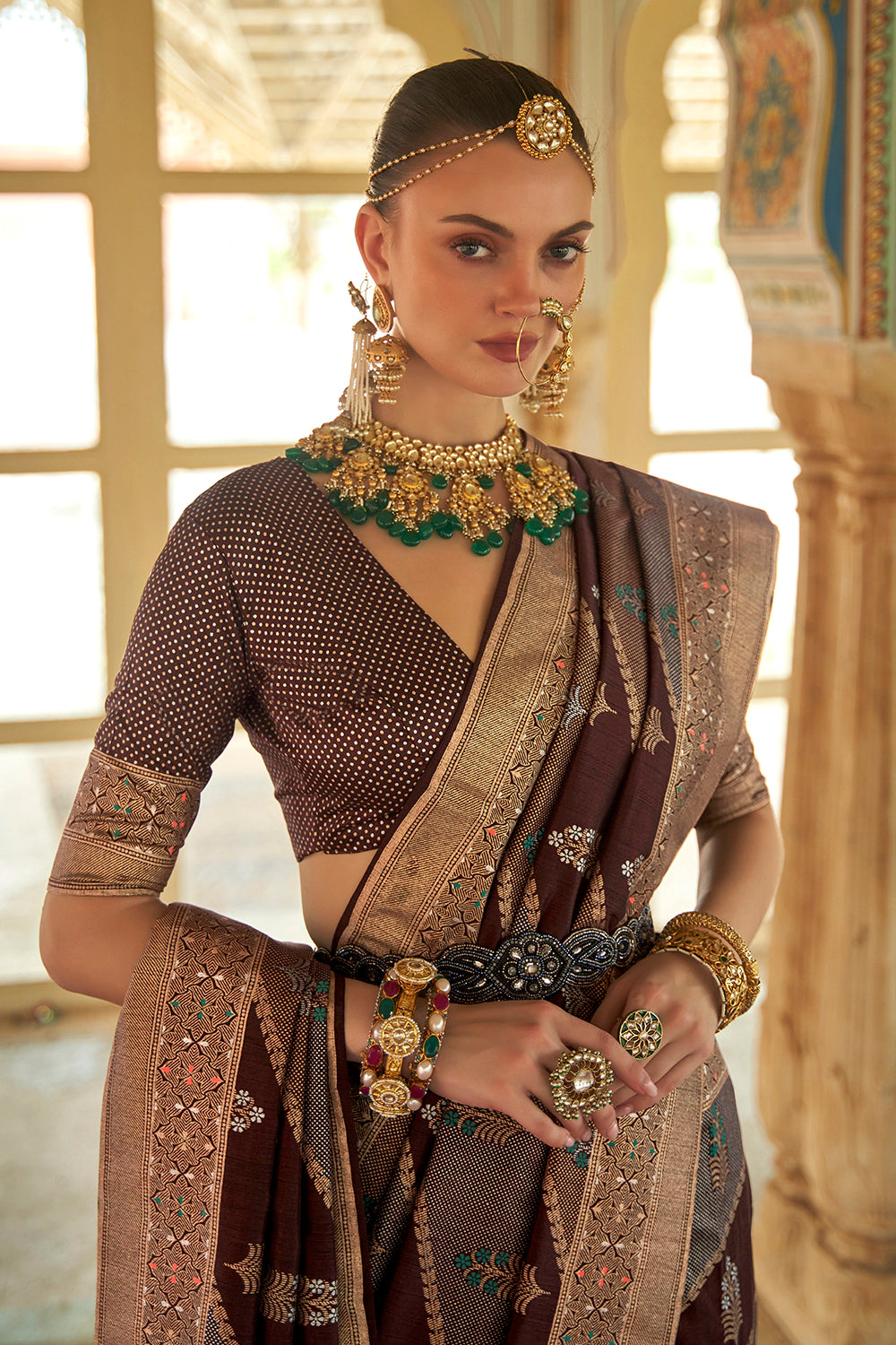 Pecan Brown Banarasi Silk Saree With Zari Weaving Work