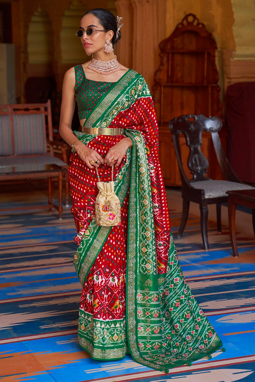 Stylish Red And Green Colour Soft Patola Saree With Hand Print