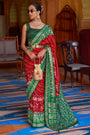 Stylish Red And Green Colour Soft Silk Saree With Hand Print