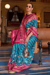 Latest Baby Pink And Sky Blue Colour Soft Silk Saree With Hand Print