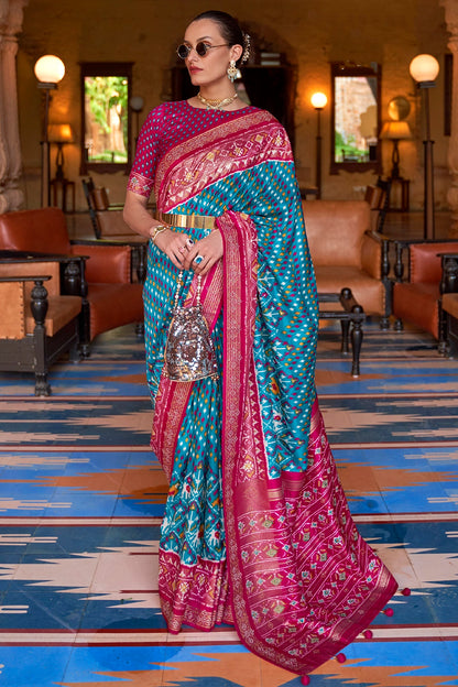 Latest Pink &amp; Sky Blue Colour Soft Patola Saree With Hand Print
