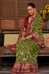 Latest Dark Pink And Pear Green Colour Soft Silk Saree With Hand Print