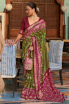 Latest Dark Pink And Pear Green Colour Soft Silk Saree With Hand Print