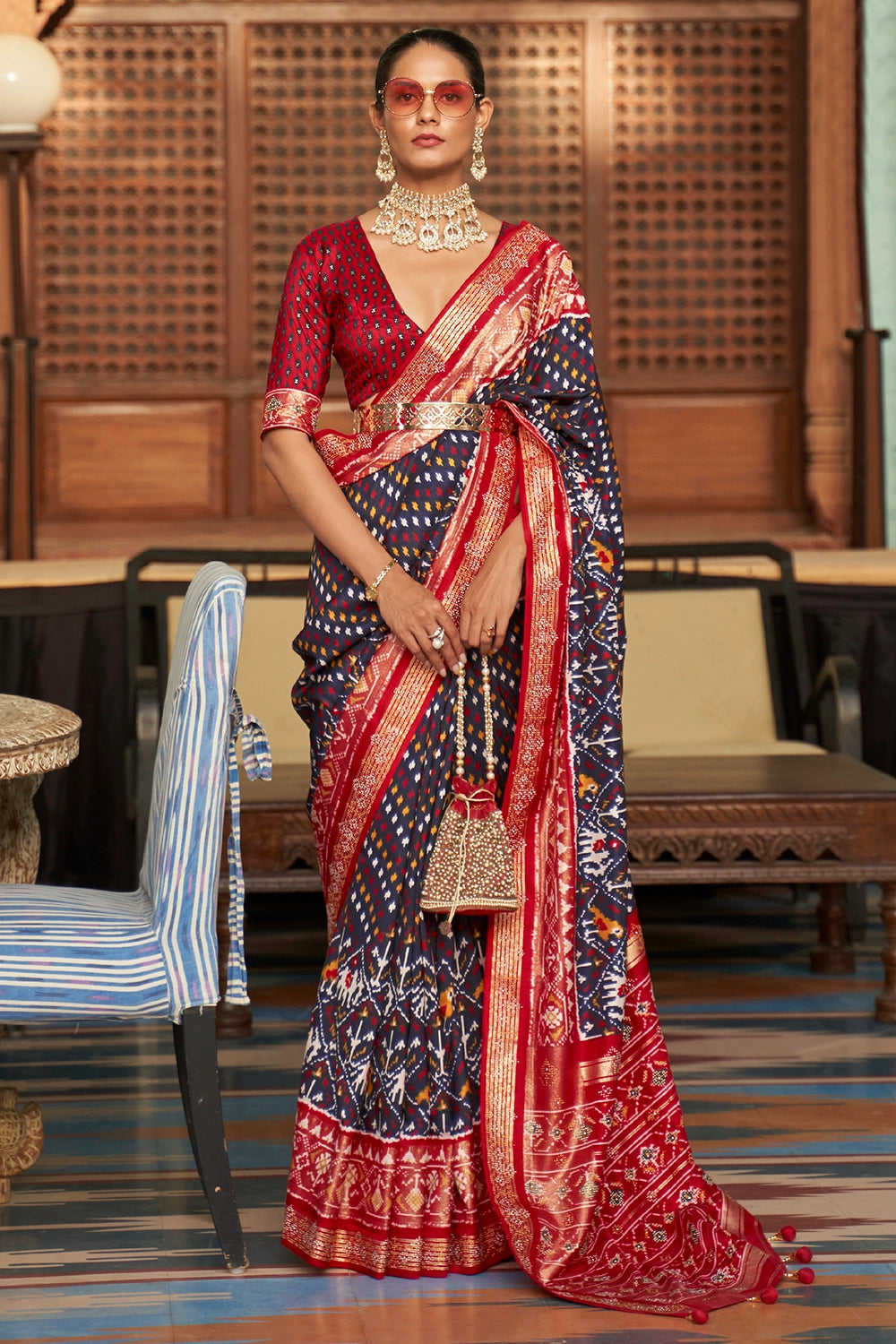 Stylish Blue And Red Colour Soft Patola Patola Saree With Hand Print