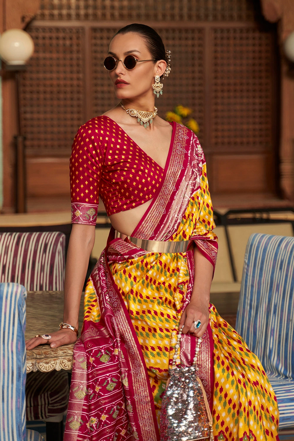 Latest Yellow And Pink Colour Soft Patola Saree With Hand Print
