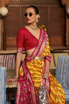 Latest Yellow And Pink Colour Soft Silk Saree With Hand Print