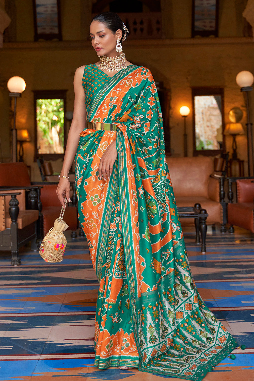 Dynasty Green &amp; Orange Soft Patola Silk Saree