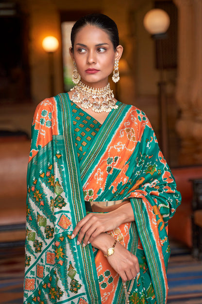 Dynasty Green &amp; Orange Soft Patola Silk Saree