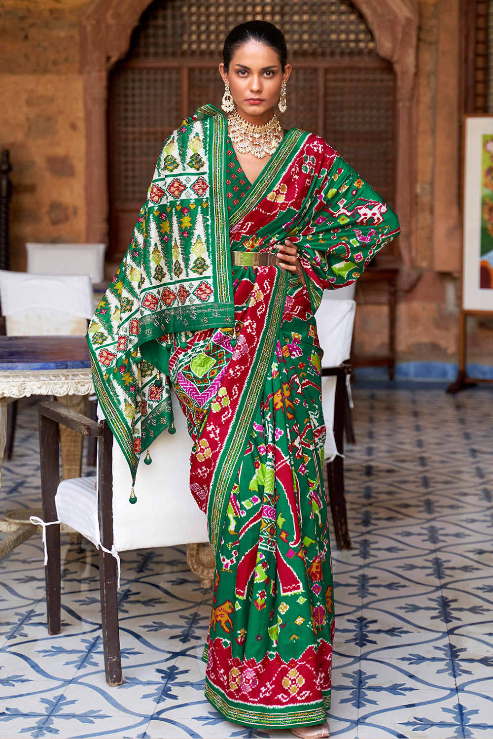 Lava Red &amp; Green Pure Silk Designer Patola Saree