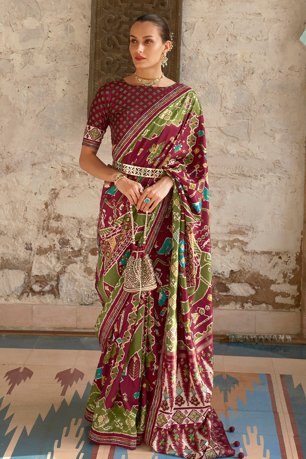 Maroon &amp; Mahendi Green Soft Patola Silk Saree