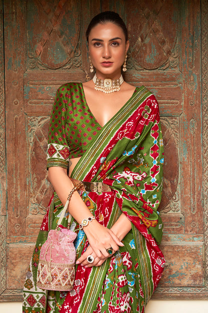 Green &amp; Red Colore Soft Designer Patola Saree