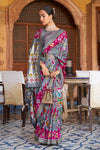 Grey & Pink Colored  Soft Patola Silk Saree