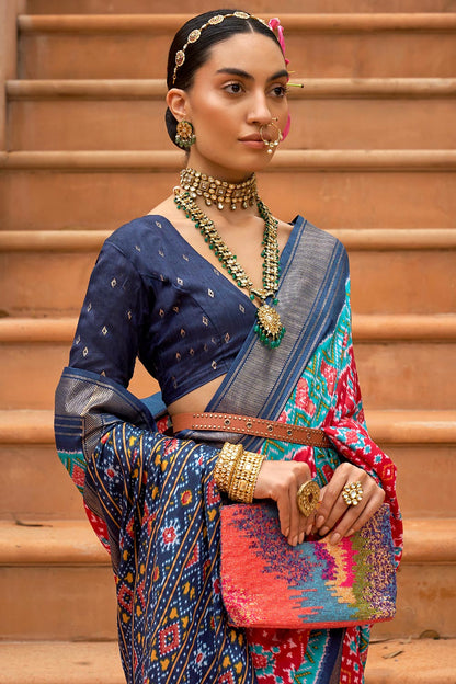 Red &amp; Blue Pure Dola Silk Designer Patola Saree