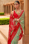 Mint And Red Pure Silk Patola Saree Zari Weaving With Blouse