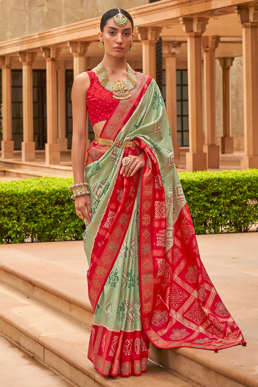 Mint Green &amp; Red Pure Silk Patola Saree With Zari Weaving Work