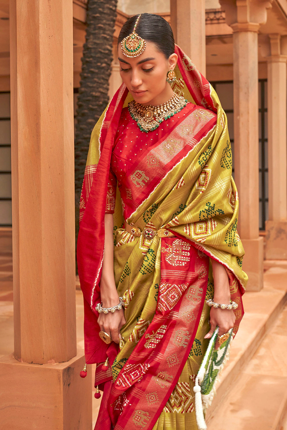 Dijon Yellow &amp; Red Pure Silk Patola Saree Zari Weaving With Blouse