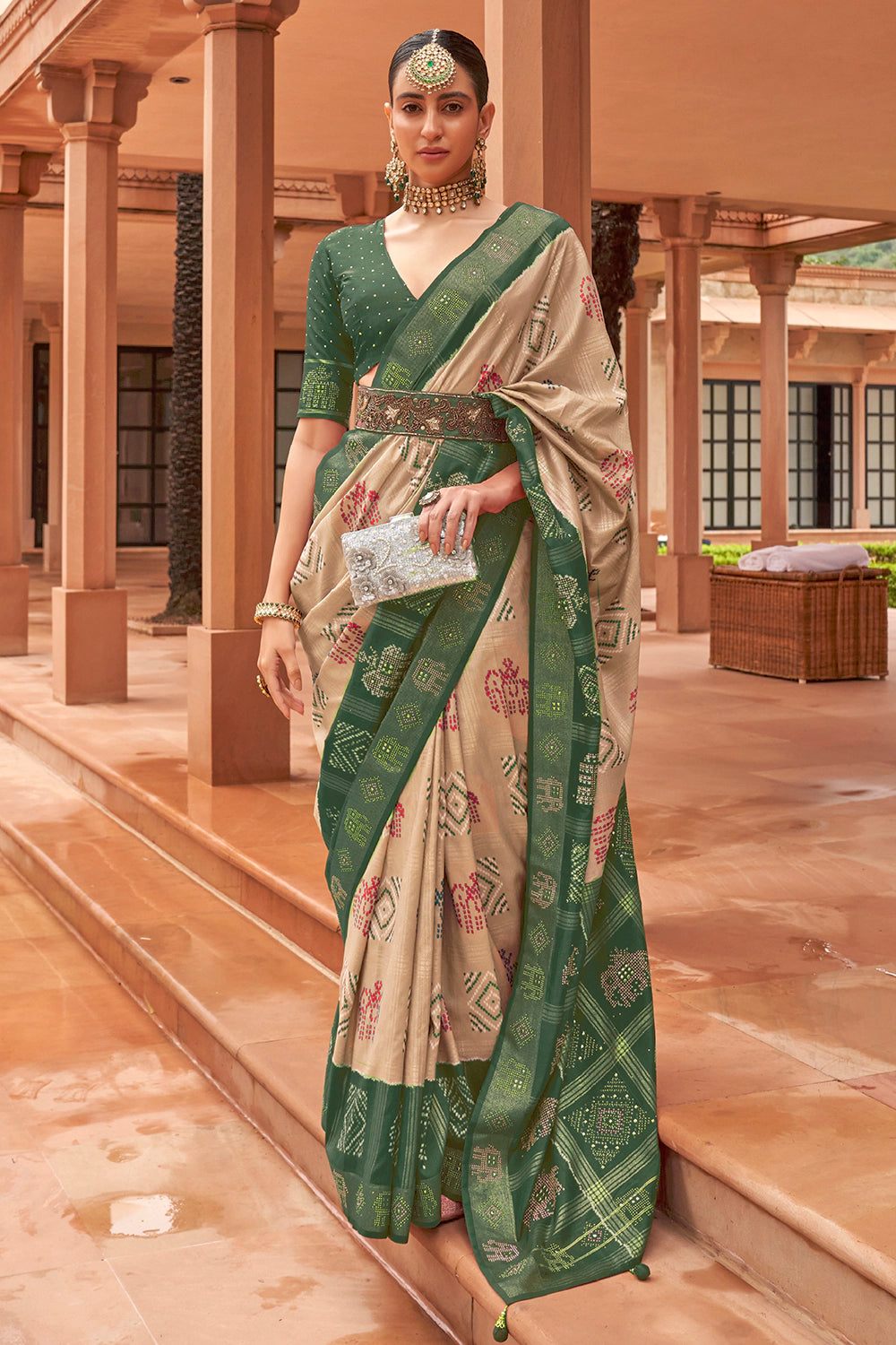Cream &amp; Green Pure Silk Patola Saree With Zari Weaving Work