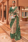 Cream & Green Pure Silk Patola Saree With Zari Weaving Work