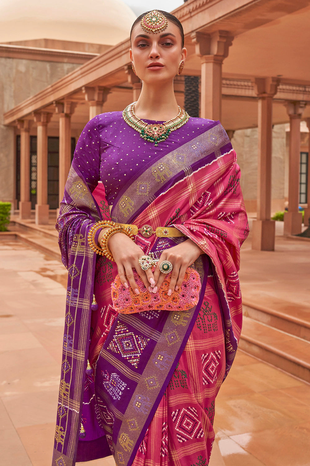 Purple &amp; Pink Pure Silk Patola Saree Zari Weaving With Blouse