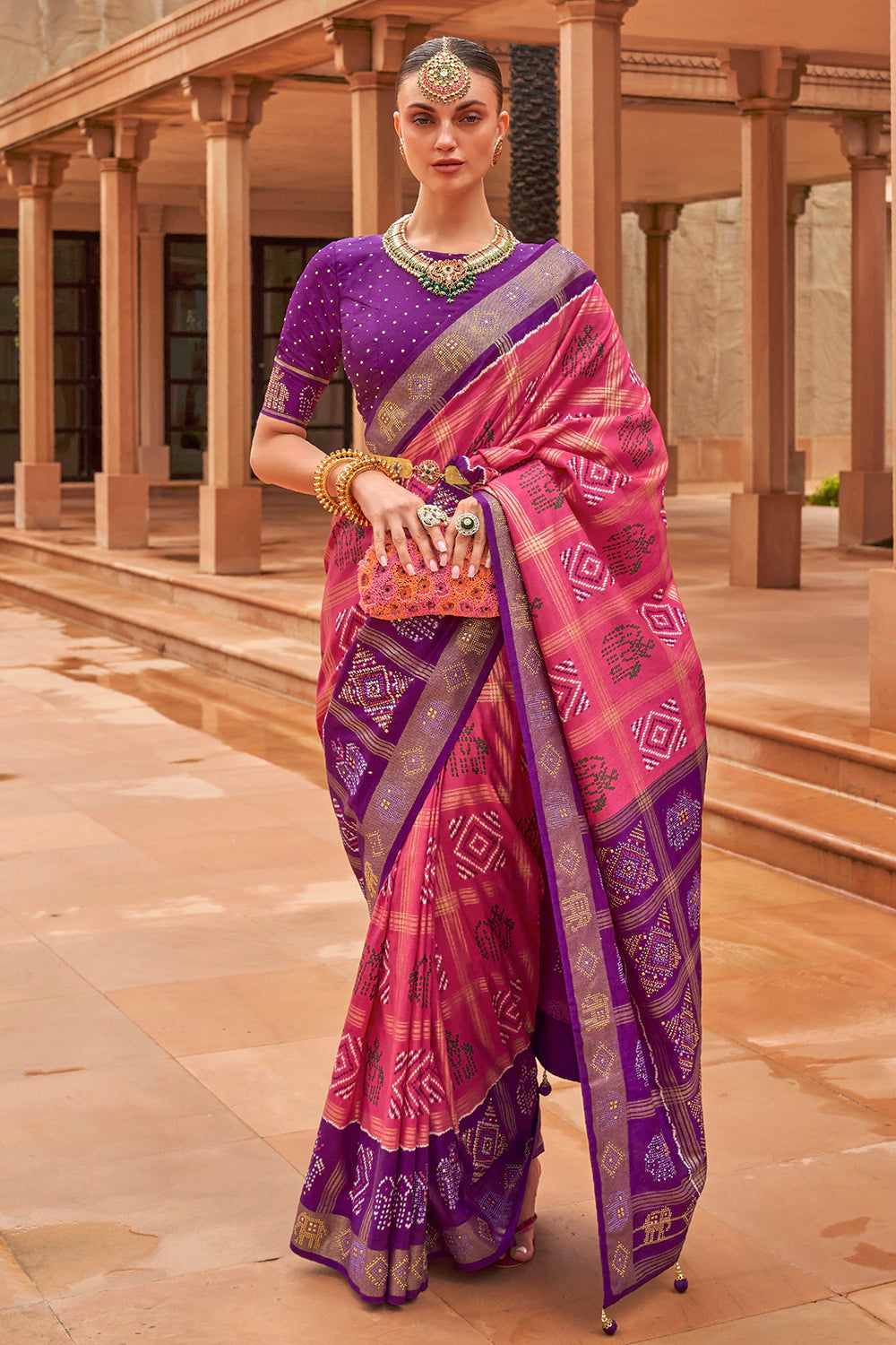 Purple &amp; Pink Pure Silk Patola Saree Zari Weaving With Blouse