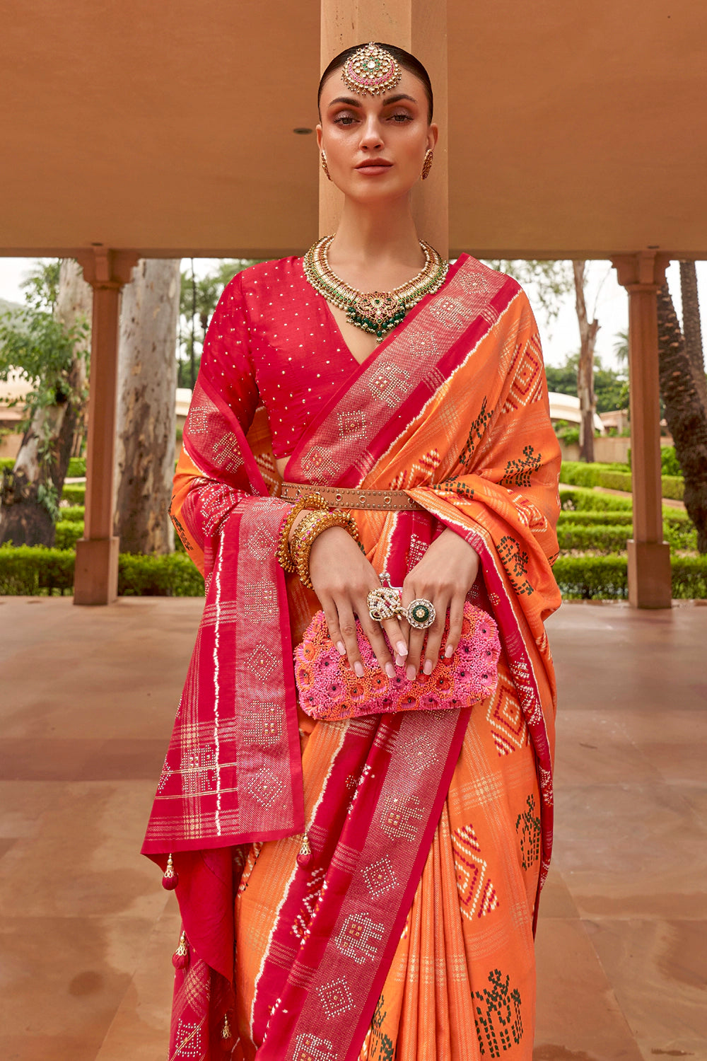 Peach &amp; Red Pure Silk Patola Saree Weaving With Blouse