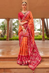 Peach And Red Pure Silk Patola Saree Zari Weaving With Blouse