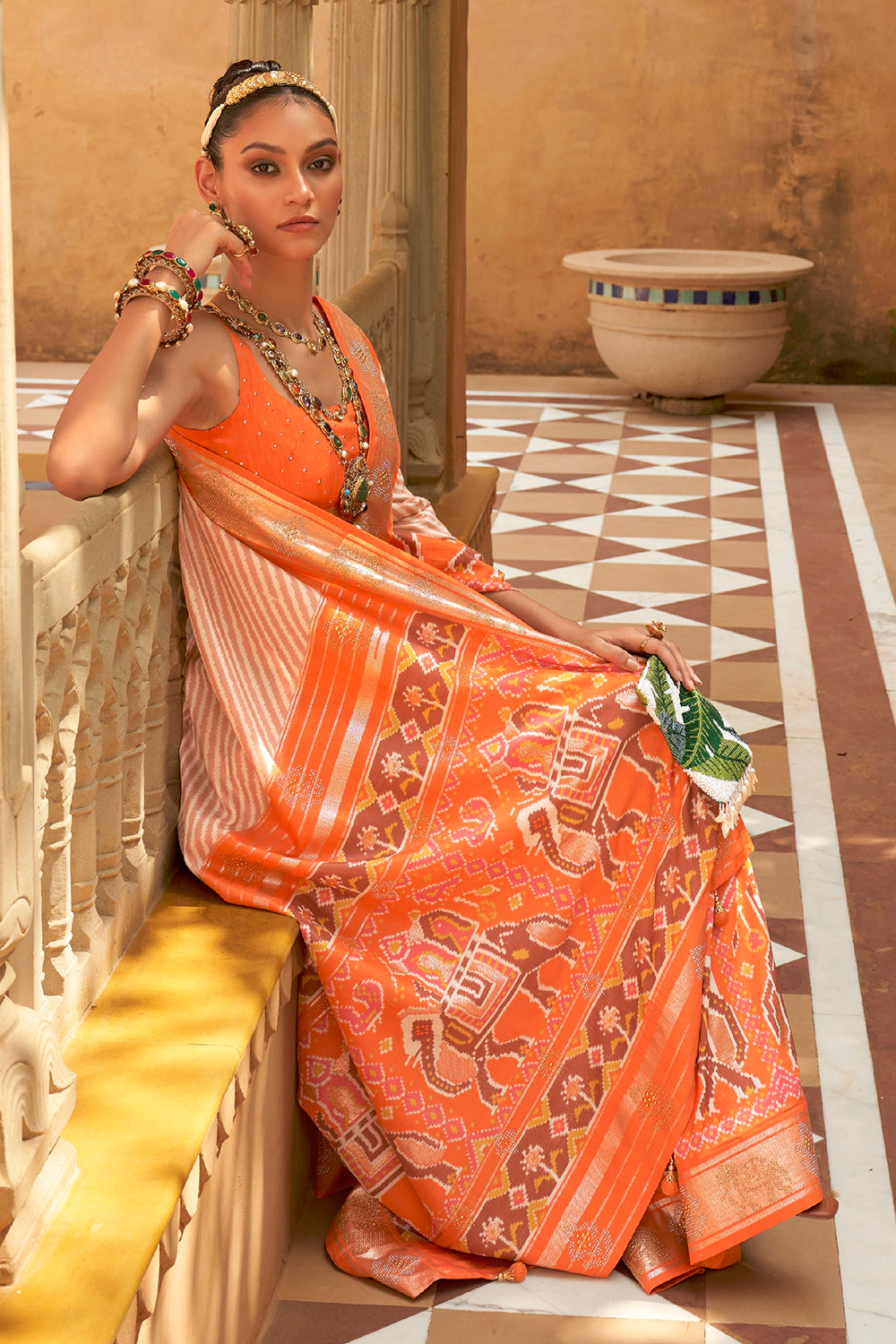 Carrot Orange Patola Silk Saree With Weaving Work