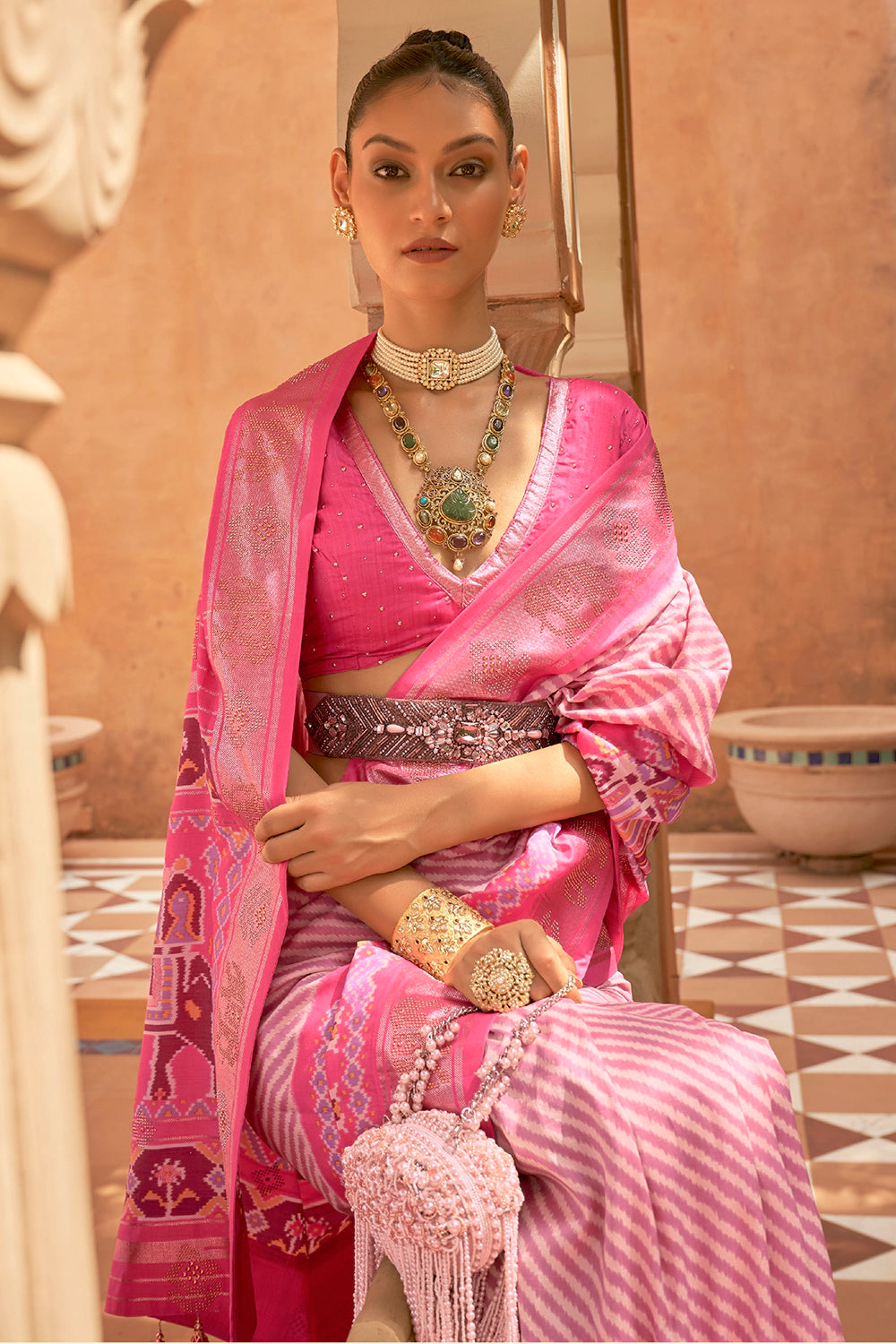 Creamy Pink Patola Silk Saree With Weaving Work
