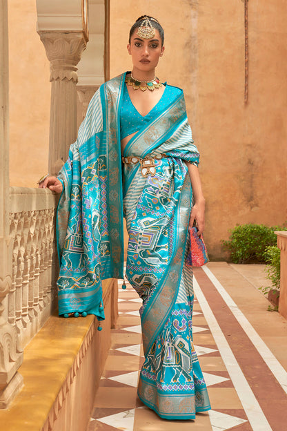 Sky Blue Patola Silk Saree With Weaving Work