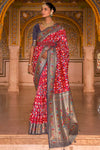 Red & Navy Blue Patola Silk Saree With Zari Weaving Work