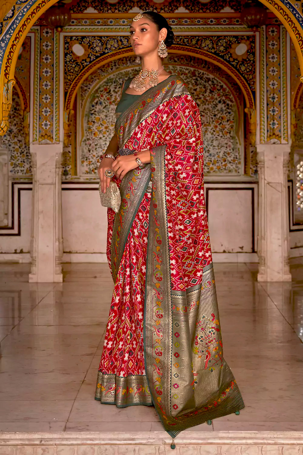 Cherry Red &amp; Green Patola Silk Saree With Zari Weaving Work
