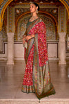 Cherry Red & Green Patola Silk Saree With Zari Weaving Work