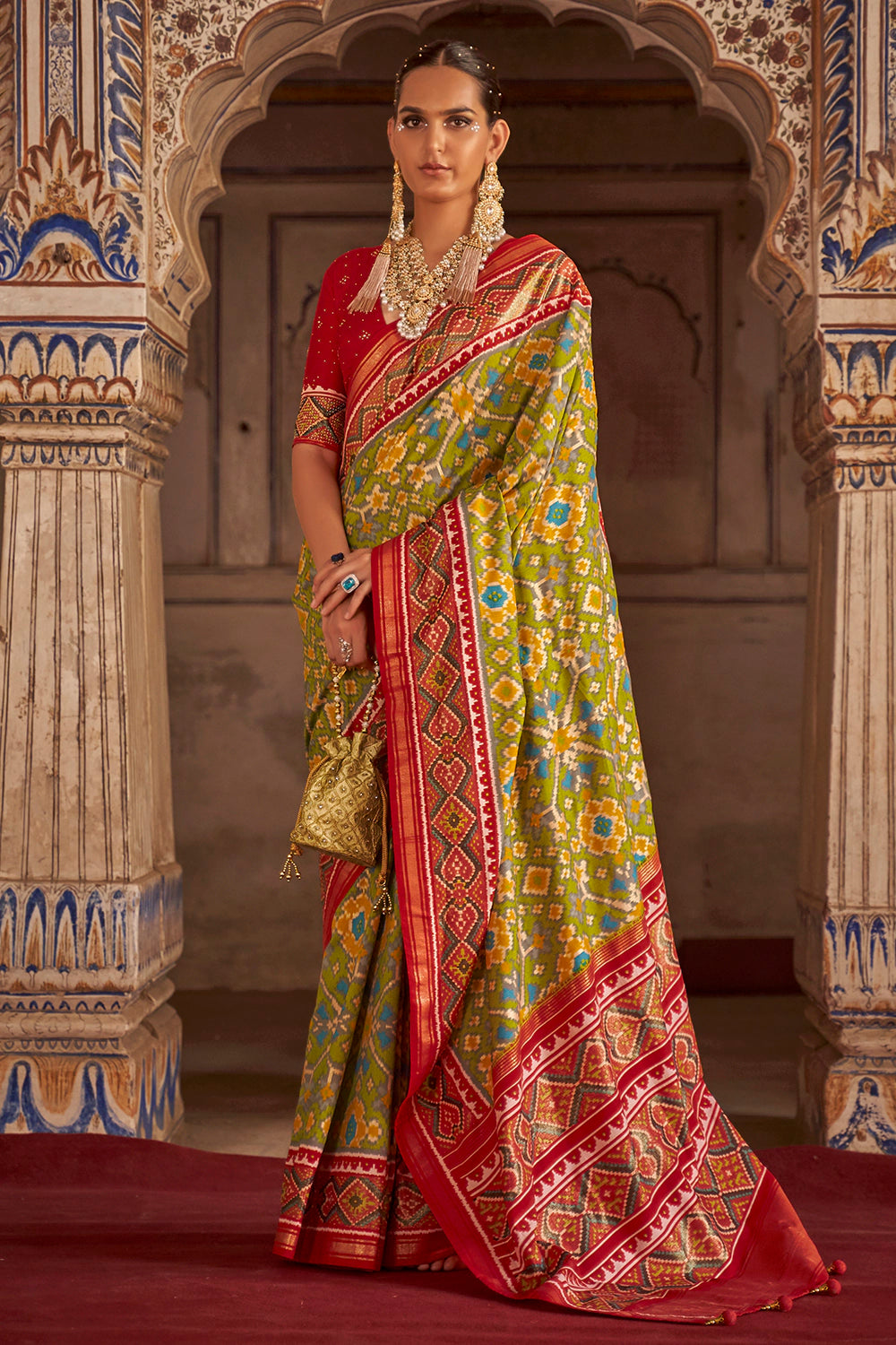 Green And Red Soft Cotton Patola Saree