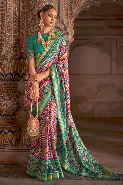 Green &amp; Purple Soft Cotton Silk Patola Saree With Printed Work