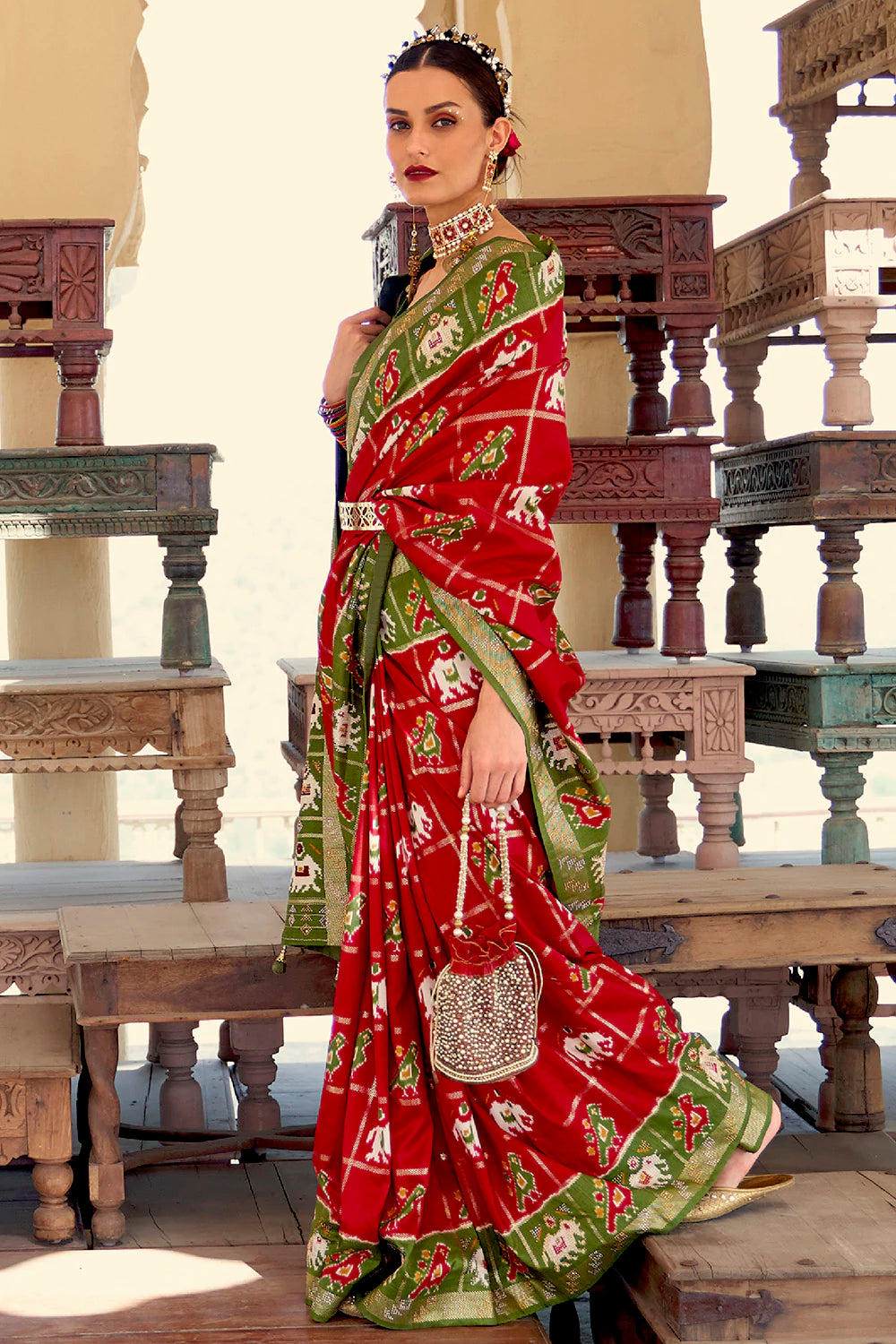 Scarlet Red &amp; Moss Green Patola Saree With Zari Weaving Work